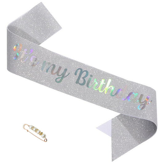It's My Birthday Silver Glitter Sash with Pearl Pin