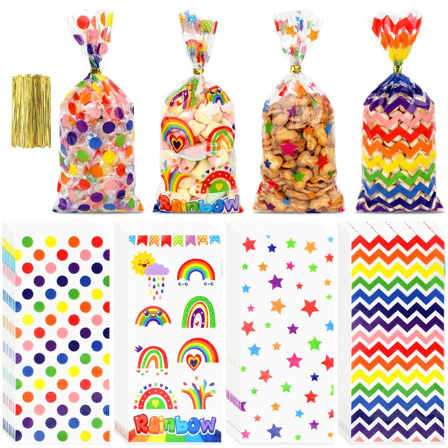 Rainbow Printed Cellophane Candy Treat Bags with Twist Ties - 100 ct