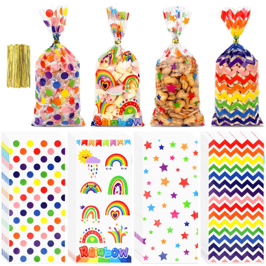 Rainbow Printed Cellophane Candy Treat Bags with Twist Ties - 100 ct