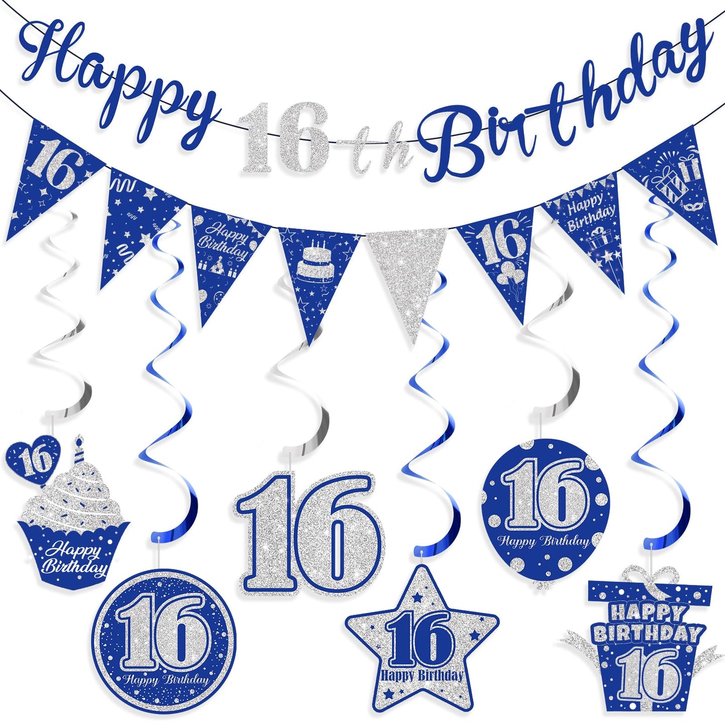 Blue 16th Birthday Decorations – Banner & Hanging Swirls