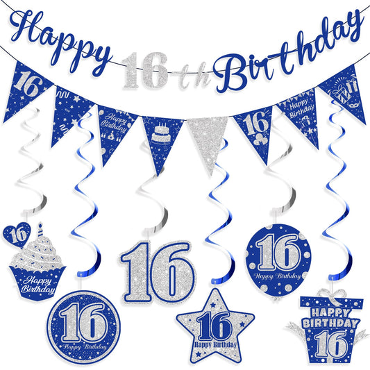 Blue 16th Birthday Decorations – Banner & Hanging Swirls