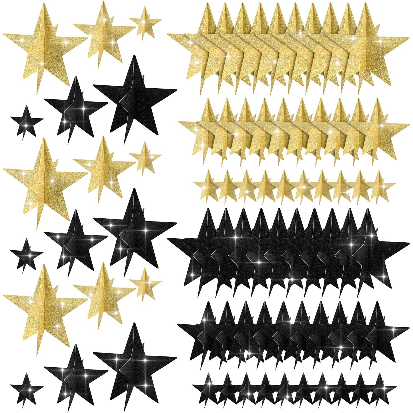 Black & Gold 3D Star Centrepieces – 45 Piece, 3 Sizes