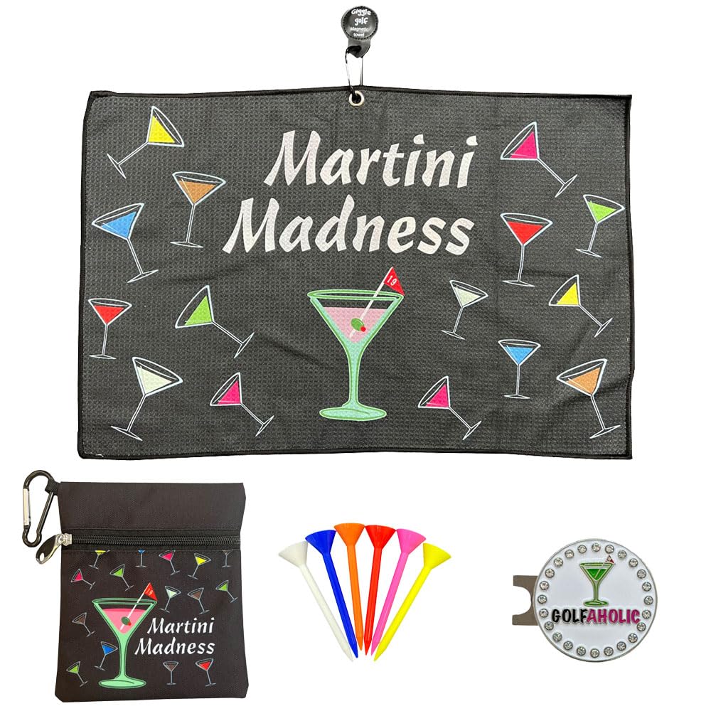 Giggle Golf Martini Par 3 Pack for Women Microfiber Waffle Weave Golf Towel Tee Bag with Tees and Bling Ball Marker with Magnetic Hat Clip (Martini Madness)
