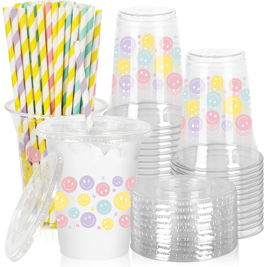 Preppy Happy Face Plastic Party Cups with Lids & Straws 12oz – 50 ct
