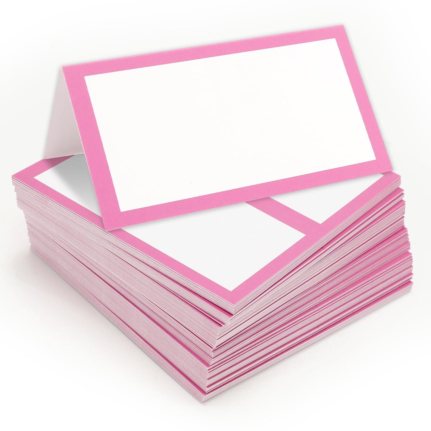 Whaline 100Pcs Hot Pink Place Cards 3.5 x 2 Inch White Blank Tented Cards Wedding Seating Cards for Party Table Setting Supplies