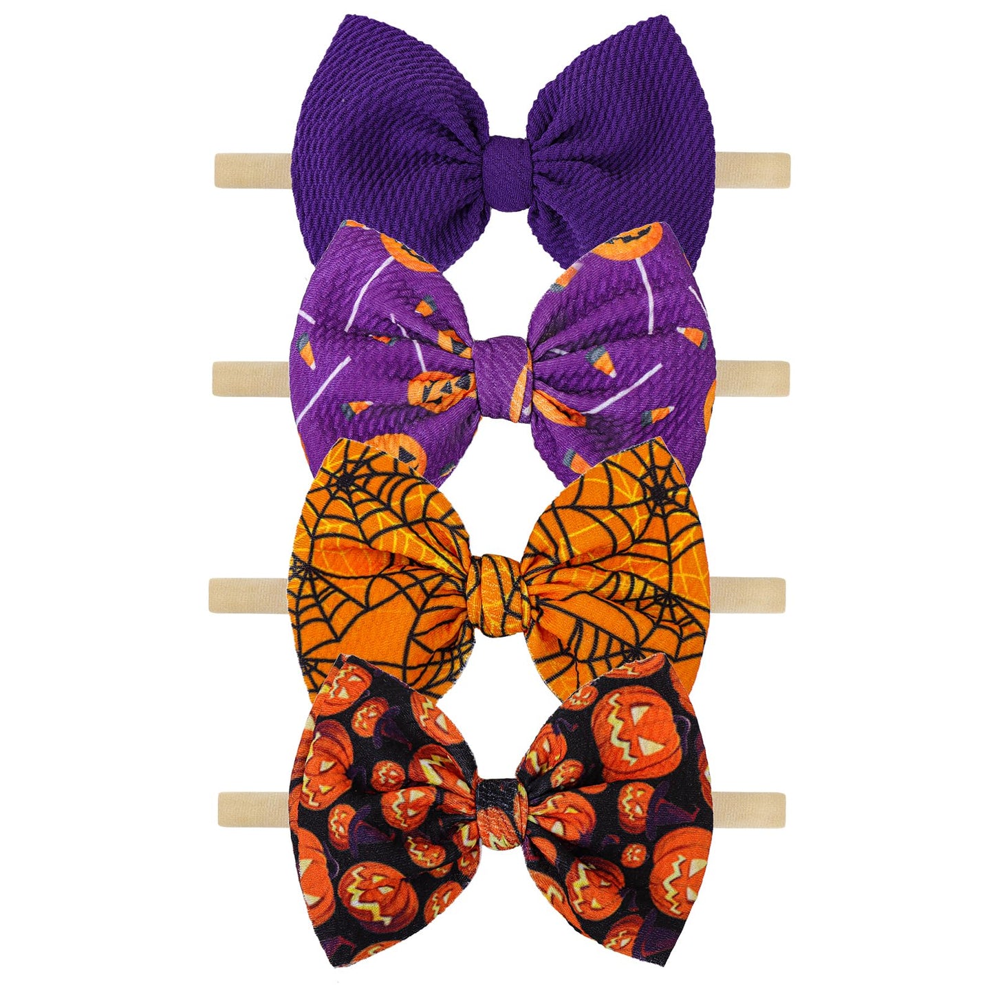 YanJie HAIRBAND 4pcs Halloween Themed Headbands for Baby Girls Elastic Nylon Spider Pumpkin Printed Bows in Orange & Purple Newborn Toddler Infant Hair Accessories 14 Pieces Gift