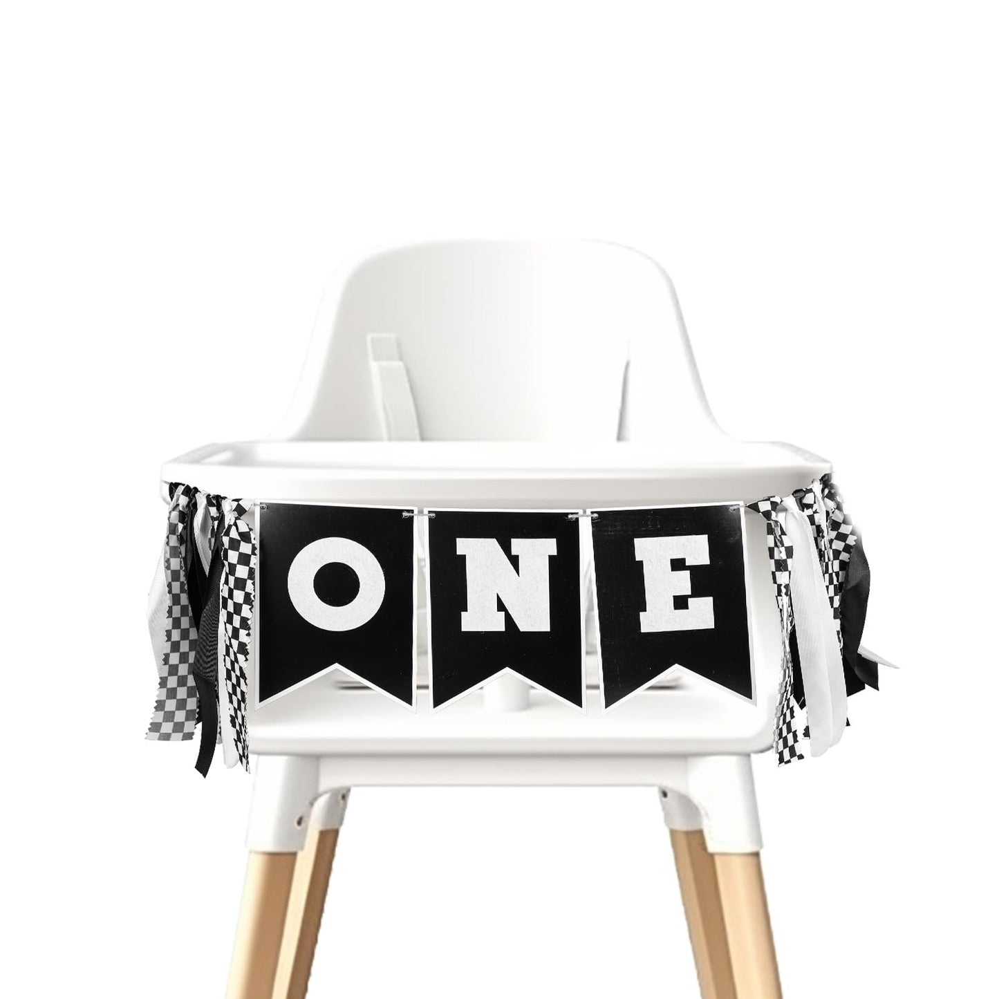 Black & White Checkered Race Car ONE High Chair Birthday Banner