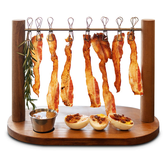 Bacon Clothesline Serving Tray Wooden Charcuterie Board Tiered Tray Stand Cheese Plate Bacon Up On Display -Unique Gift or Hosting Kitchen Gadget (Brown)