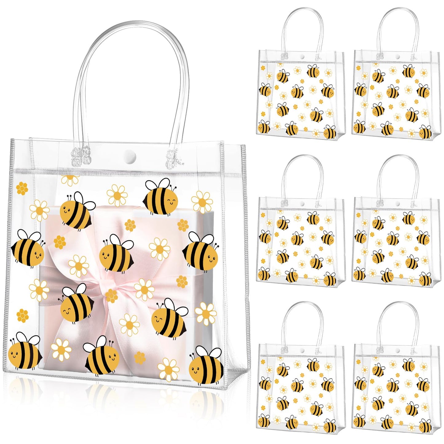 Paterr 20 Pcs Bee Clear Plastic Gift Bags with Handles Bee Party Goodie Bags Bee Treat Bags for Birthday Party Favor Candy Snack Sweet as Can Bee Gender Reveal Decor 8 x 8 x 3.15 Inch