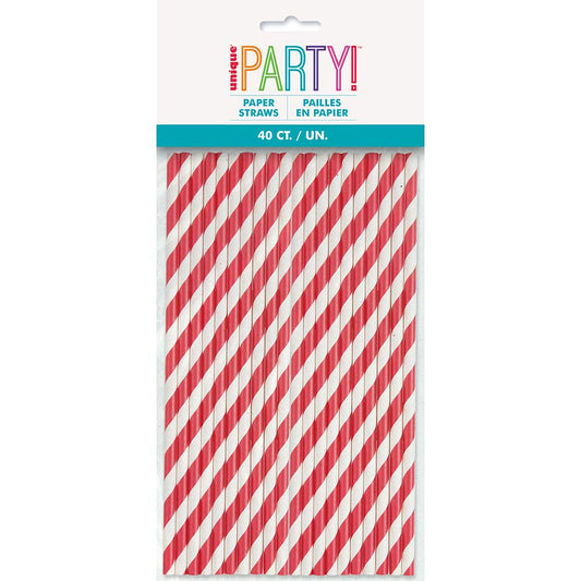 Ruby Red Striped Paper Straws - 40 Count - Unique Style & Fun Drinking Experience Perfect for Parties Celebrations and Everyday Use