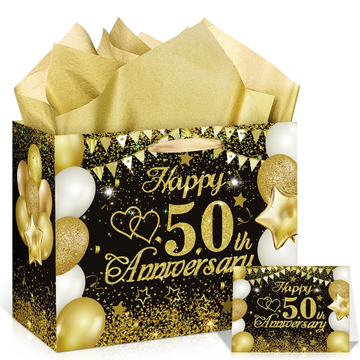 50th Anniversary Paper Gift Bag Black Gold 50th Anniversary Party Gift Bag with Tissue Papers and Card 50th Wedding Anniversary Paper Gift Wrapping Bag for 50th Golden Wedding Anniversary Decor