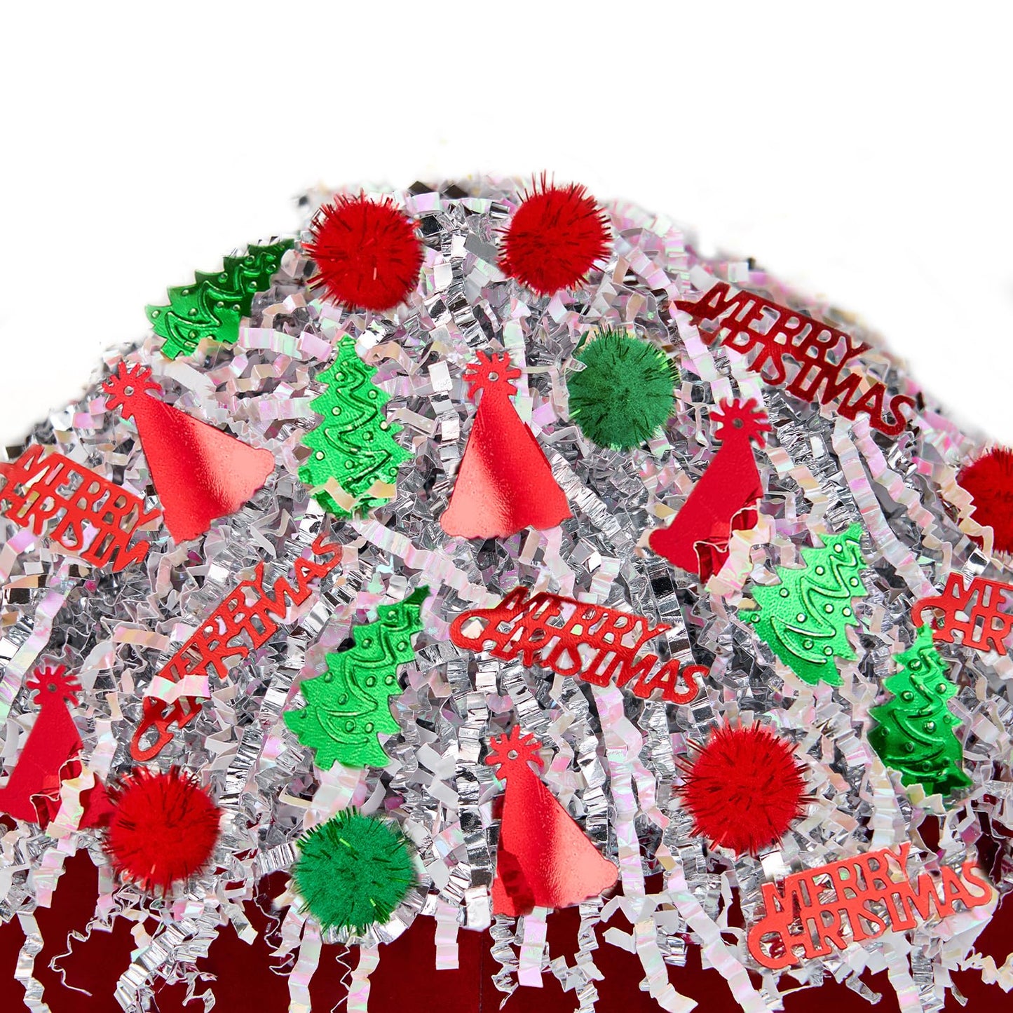 Christmas Crinkle Cut Paper Shred Filler with Pom-Poms