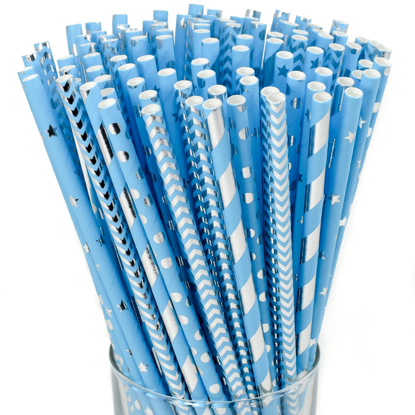 Blue Assorted Silver Design Paper Straws – 100 Pack