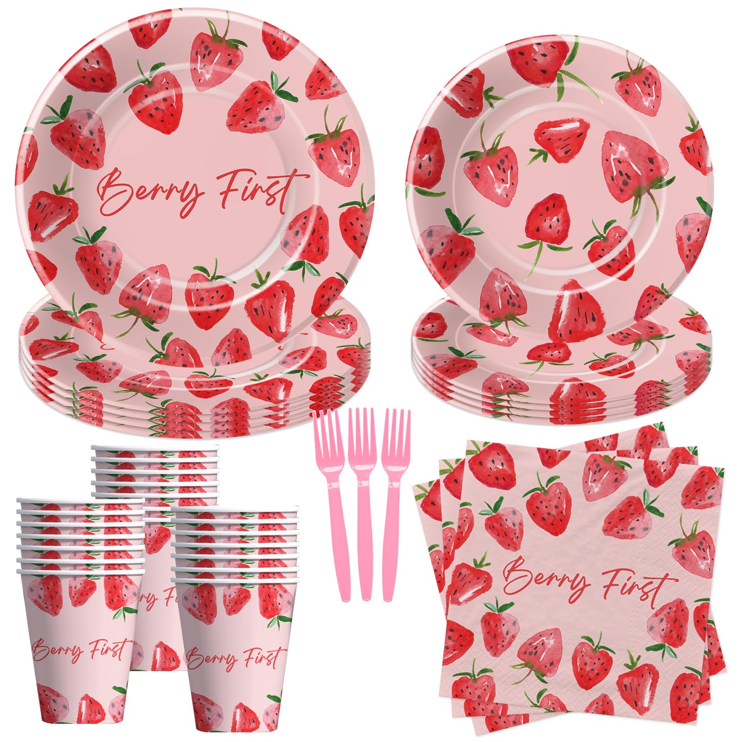 Berry First Strawberry 1st Birthday Tableware Set – Serves 24