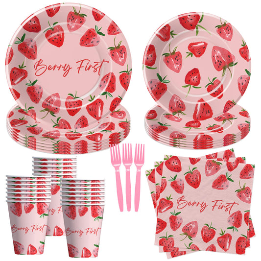 Berry First Strawberry 1st Birthday Tableware Set – Serves 24