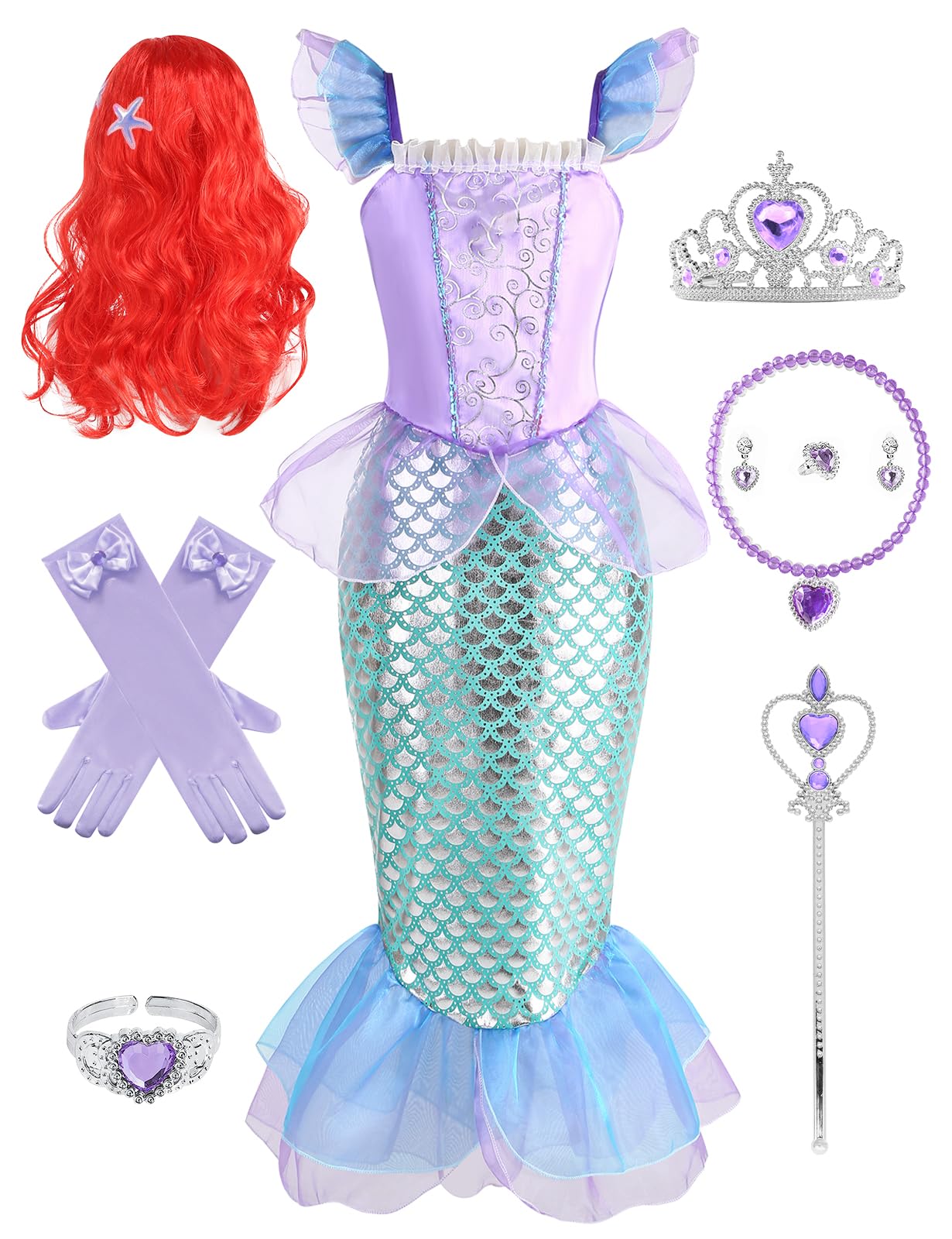 RELARLiYA Girls Princess Costume Princess Dress Up Ariel Outfits with Accessories Birthday Party Halloween Cosplay 4-5T