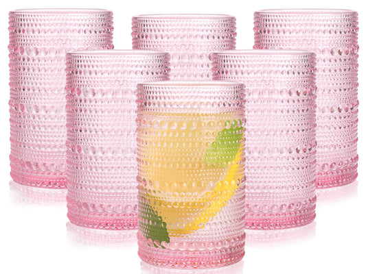 abrwyy Pink Hobnail Glasses Drinking Set of 6 12 oz Cocktail Glasses Pink Vintage Glassware for Beer Cocktail Soda Juice Coffee and Various Mixed Drinks