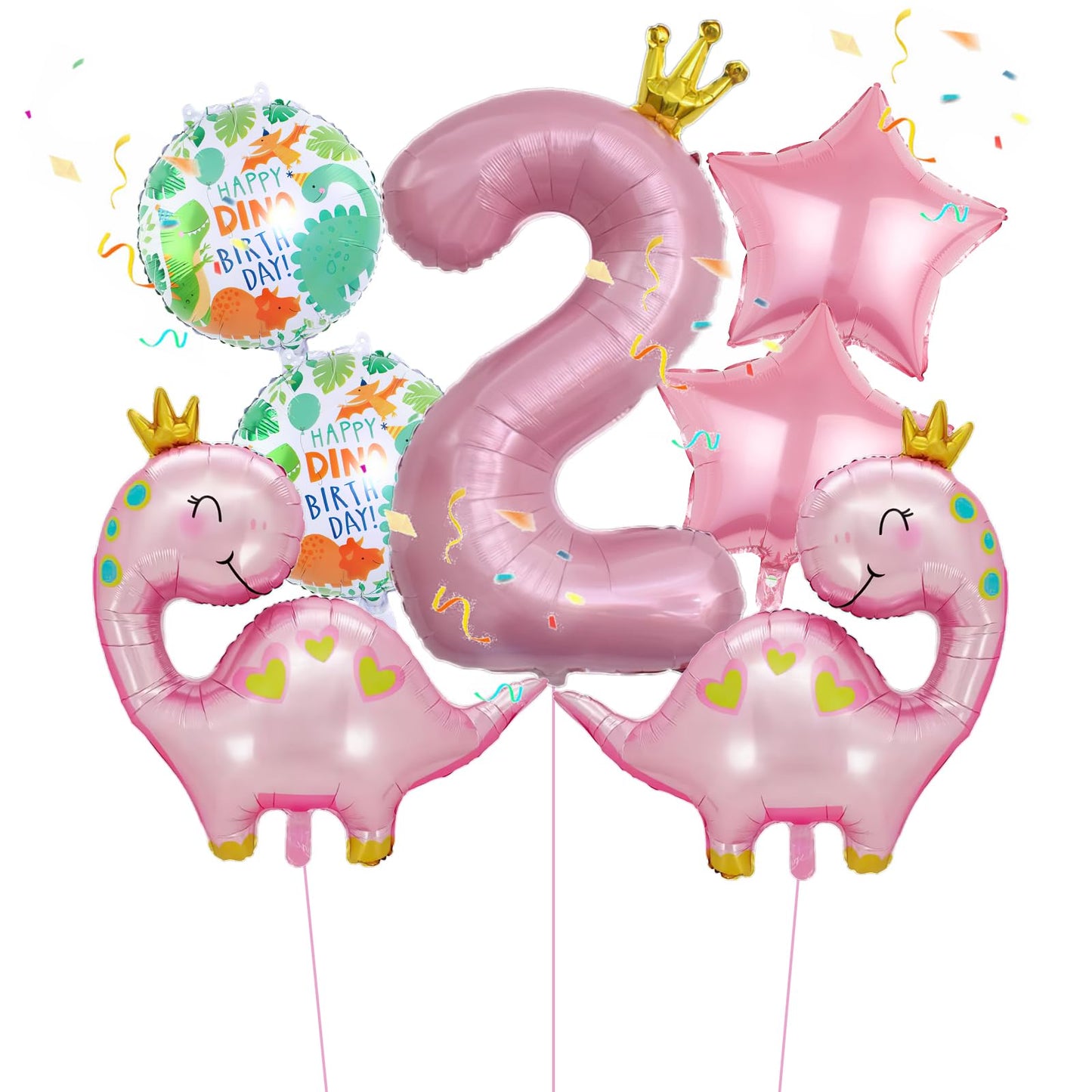 Pink Crown Dinosaur Girl 2nd Birthday Balloon Set – 7 Piece