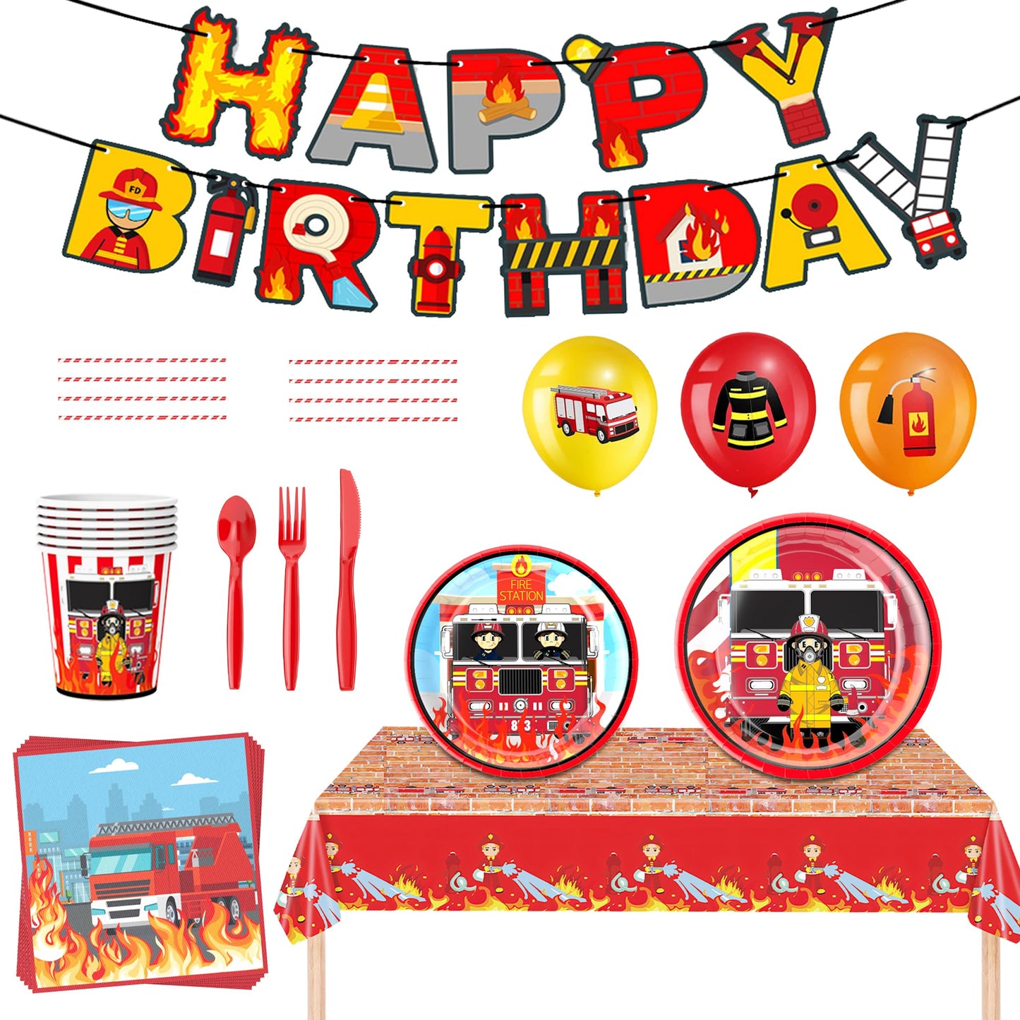Firefighter Fire Truck Birthday Party Supplies Set – 206 Piece Serves 24