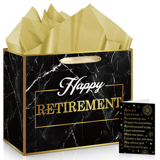 Retirement Party Gift Bag Large Black Gold Happy Retirement Wrapping Gift Bag and Congratulation Card with Tissue Paper for Men Women Office Coworker Farewell Going Away Party Favors Wrap Bag Supplies