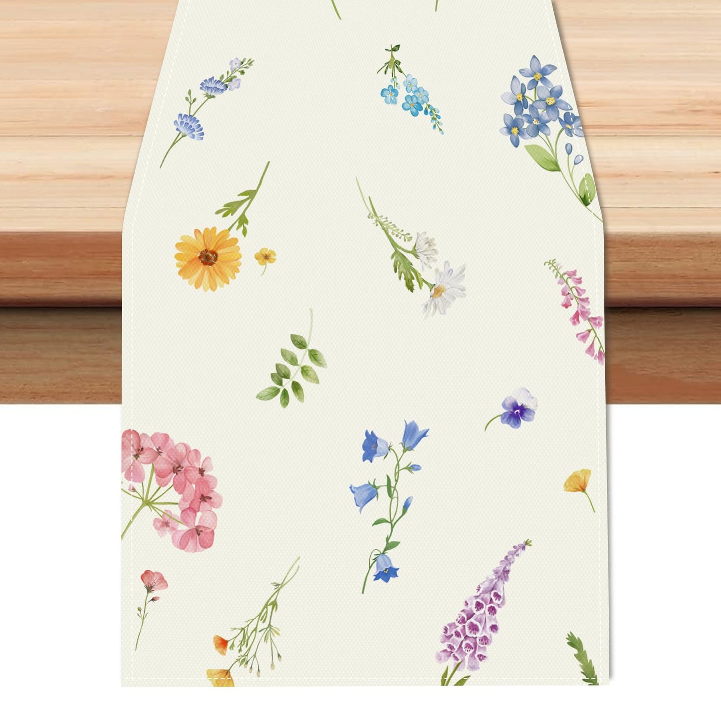 Bonhause Floral Table Runner 13x72 Inch Blue Pink Purple Wildflowers Plants Seasonal Holiday Kitchen Dining Table Decoration for Indoor Outdoor Home Party Decor