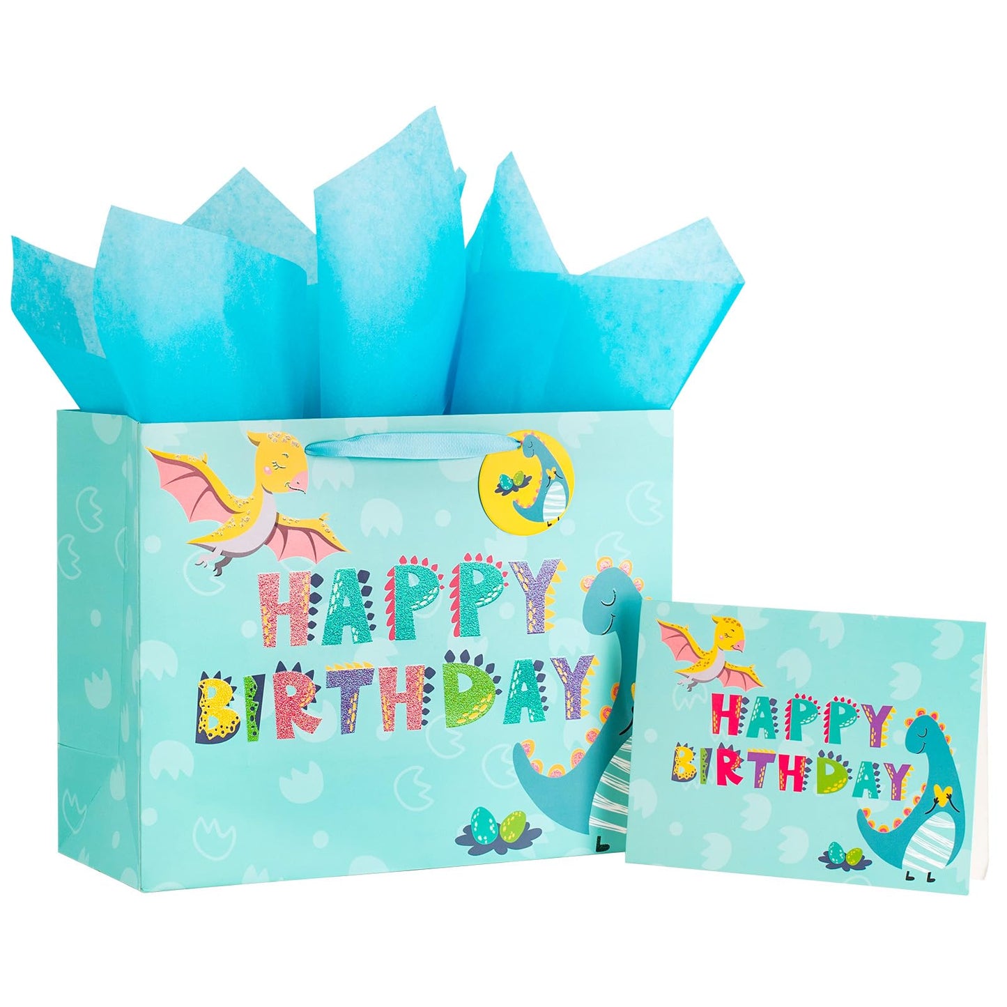 Blue Dinosaur Birthday Gift Bag with Tissue Paper & Card