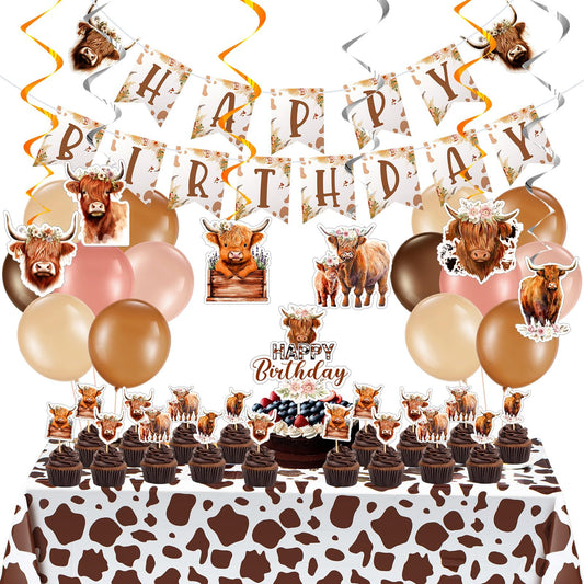 Hollowfly 76 Pcs Highland Cow Birthday Decorations Cute Boho Cow Party Supplies with Retro Floral Happy Birthday Banner Hanging Swirls Cattle Cake Toppers Balloons Cow Party Tablecloth for Girls Boys