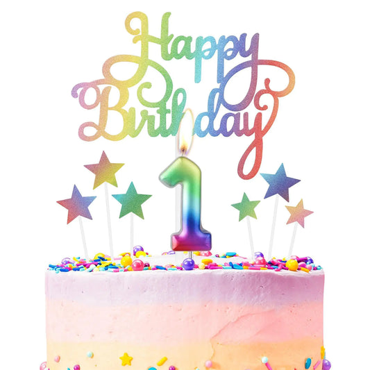 Rainbow 1st Birthday Candle & Cake Topper Set – 8 Piece Kit