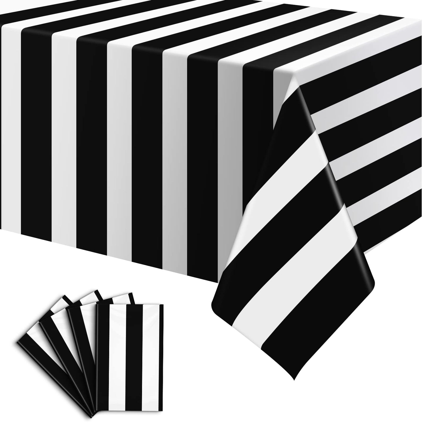4 Pack Black and White Striped Tablecloth 54 x 108 Inch Waterproof Disposable Plastic Table Cover Rectangular Table Cloths for Holiday Halloween Birthday Party Picnic Decoratio