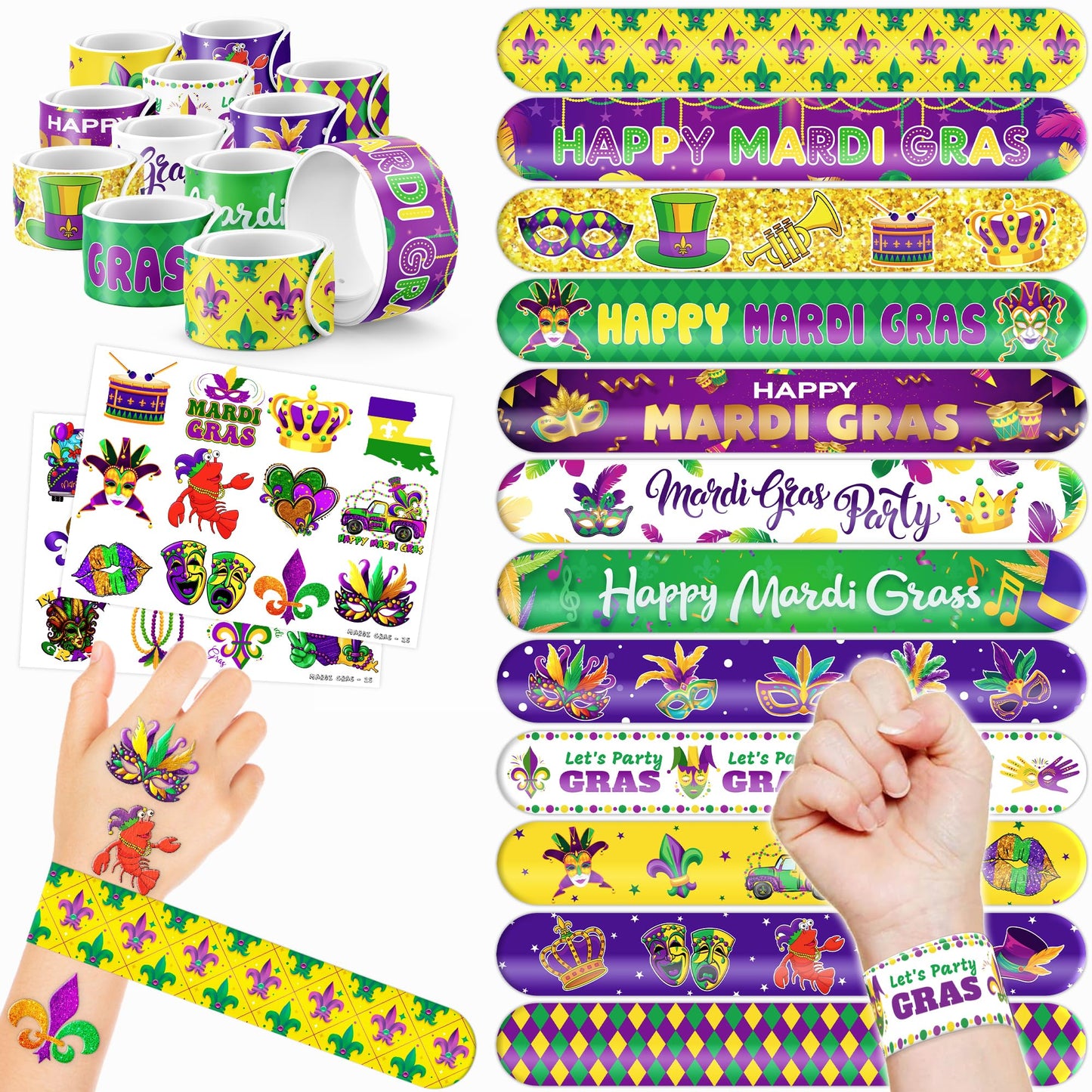 Mardi Gras Colourful Slap Bracelets & Temporary Tattoos Party Favours