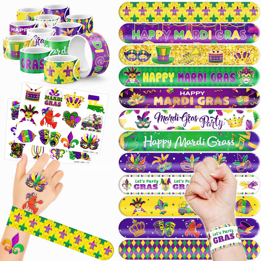 Mardi Gras Colourful Slap Bracelets & Temporary Tattoos Party Favours