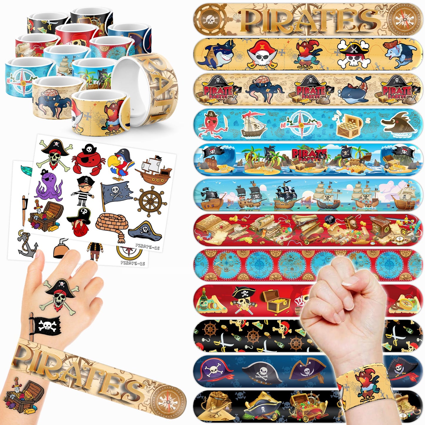 Pirate Slap Bracelets & Temporary Tattoos Party Favours – 48 Pack