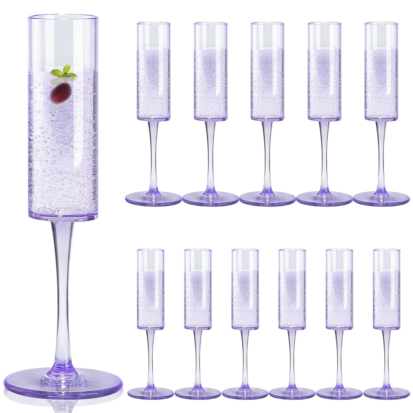 ZOMUAI 12 Pack Plastic Champagne Flutes 6 OZ Acrylic Reusable Champagne Glasses Unbreakable Stemmed Wine Cups Wedding Toasting Glasses for Christmas Wedding Anniversary Birthday Party (Purple)