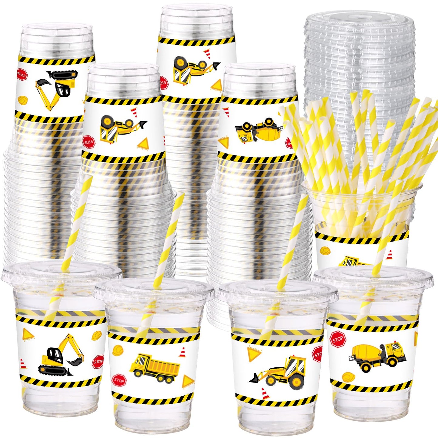 Construction Theme Party Cups with Lids & Straws - 50 ct