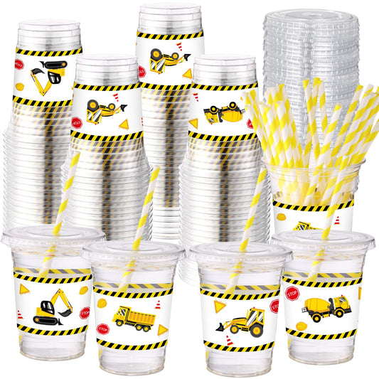 Construction Theme Party Cups with Lids & Straws - 50 ct