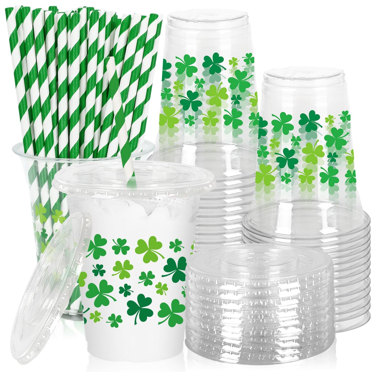 St. Patrick's Day Plastic Cups with Lids & Straws 12oz – 50 Pack