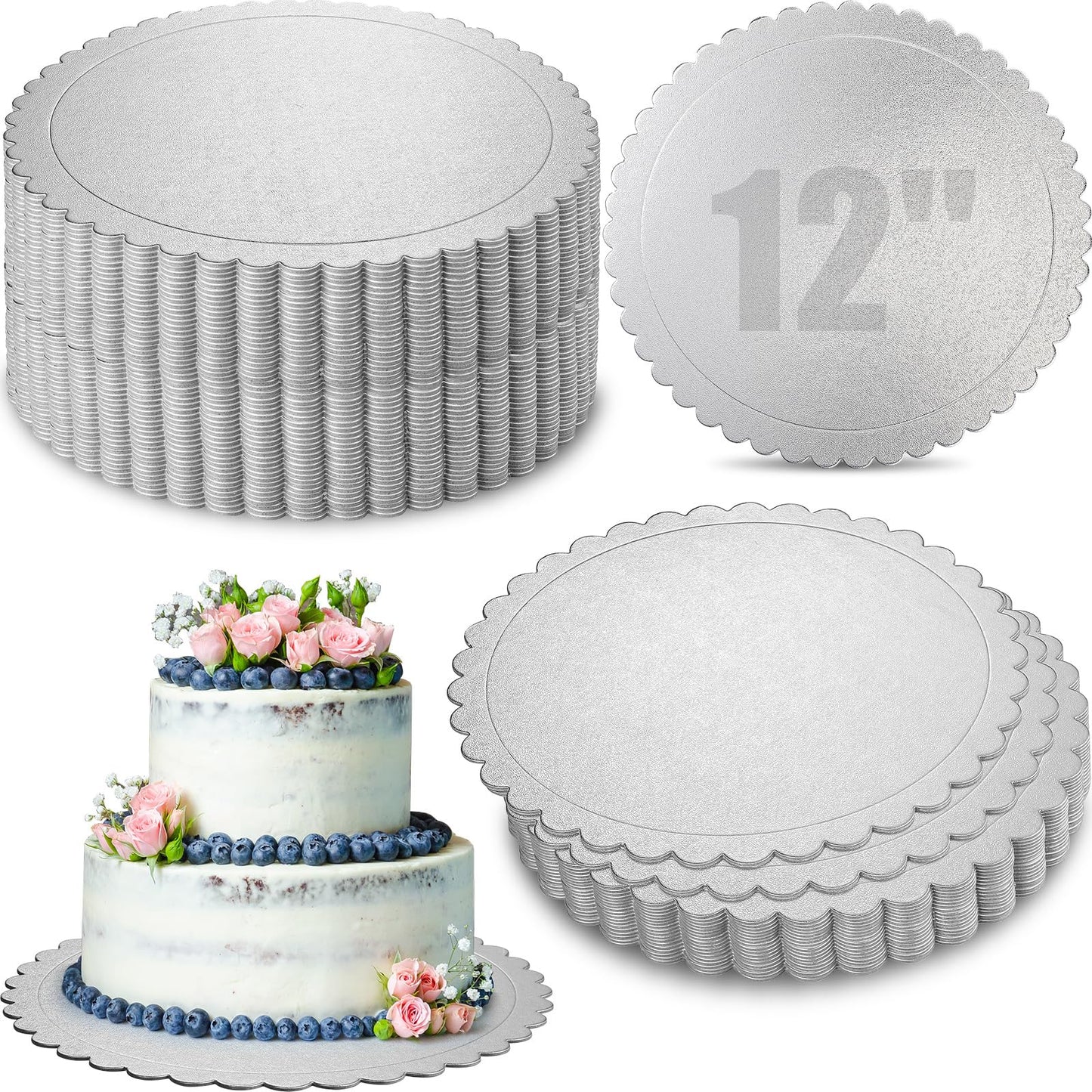 50 Pack Cake Boards 12 Inch Round Silver Scallop Edge Cakeboard Disposable Cakeboard Base Oil Proof Cake Plate for New Year Wedding Birthday Cake Dessert Cake Pizza Decorating and Exhibition