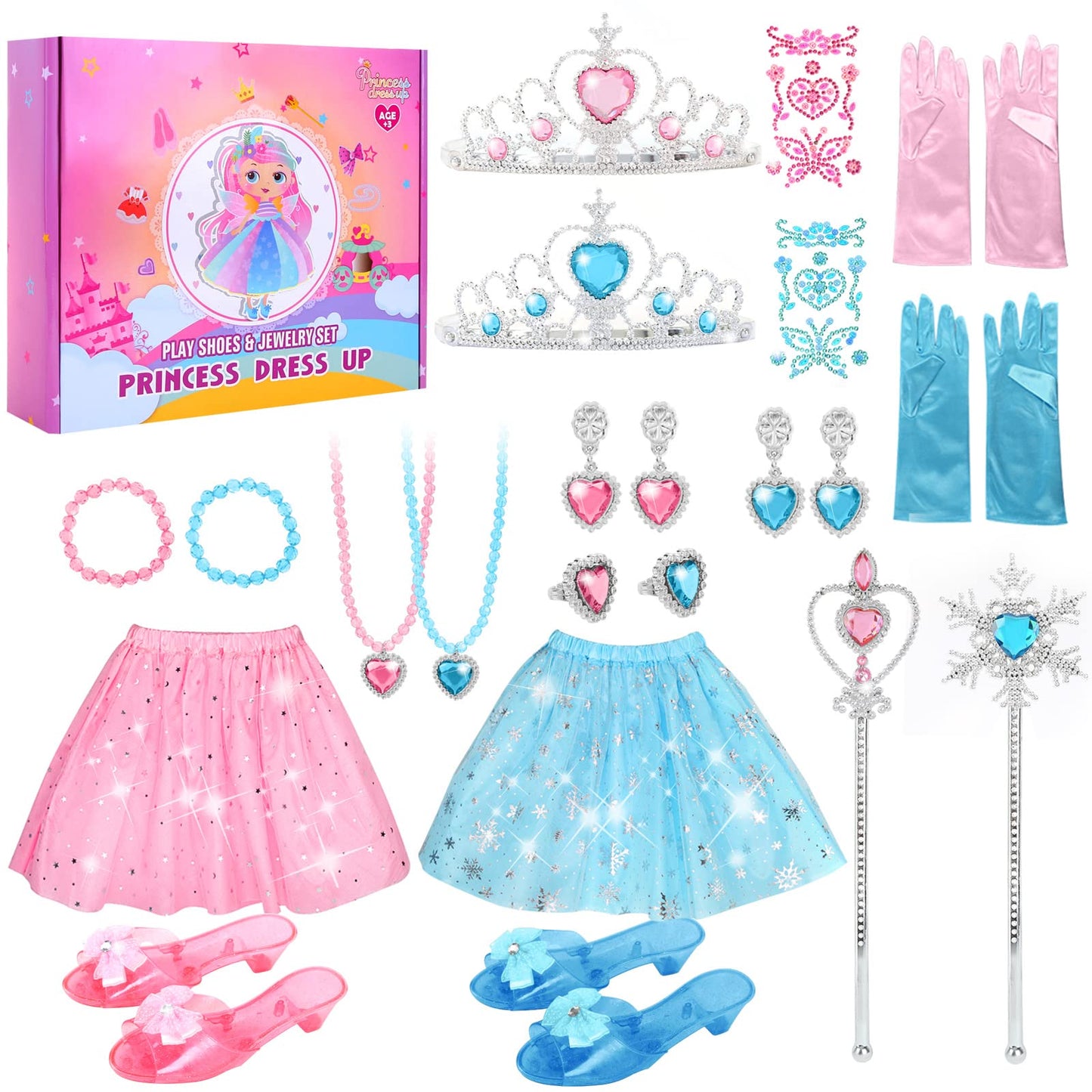 Princess Dress Up Clothes and Jewelry Boutique Toys for Little Girls Princess Costumes Gifts with Shoes Dresses Tiara Necklaces Gift Set for Toddler Girls Age 3 4 5 6 7 Years Old