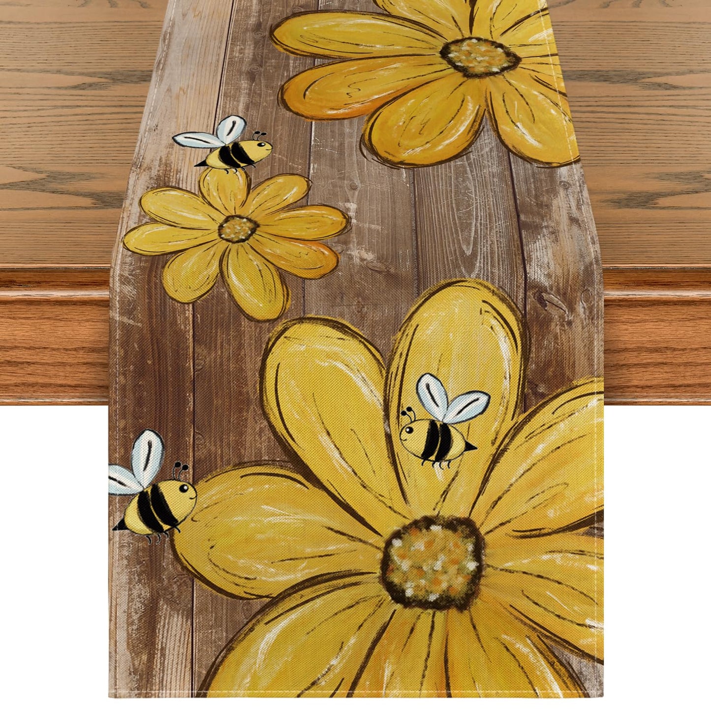 Artoid Mode Wood Floral Bee Flower Summer Table Runner Seasonal Kitchen Dining Table Decoration for Indoor Party Home 13x72 Inch