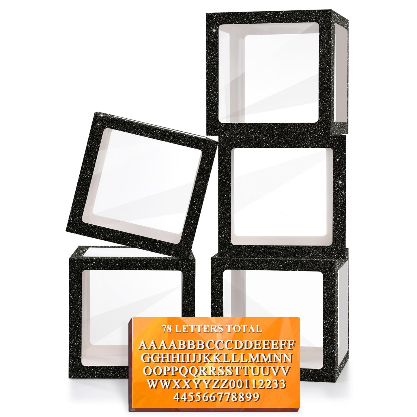 Black Glitter Transparent Balloon Boxes with Letters – 5 Pack, DIY Party Decoration