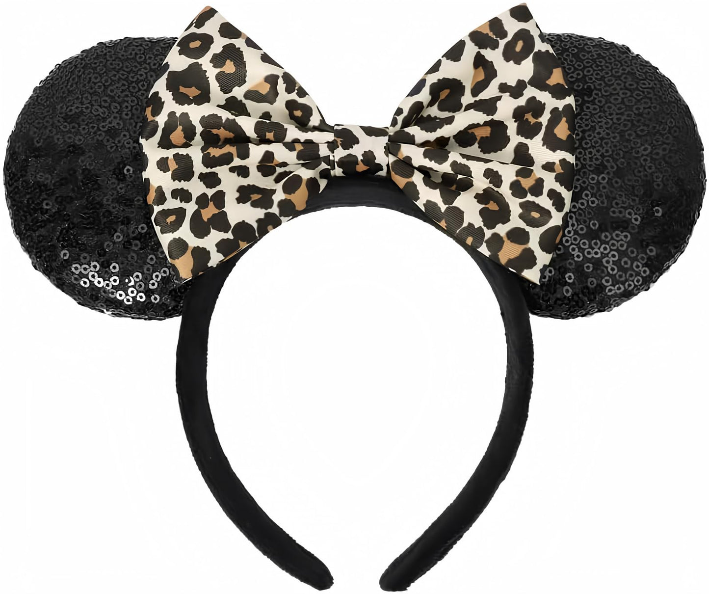 Black Sequin Leopard Print Mouse Ear Headband with Bow – Reinforced & Padded