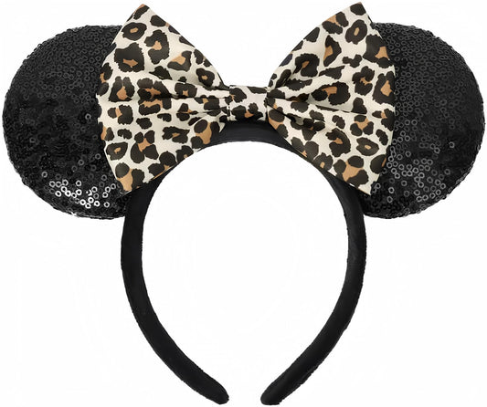 Black Sequin Leopard Print Mouse Ear Headband with Bow – Reinforced & Padded