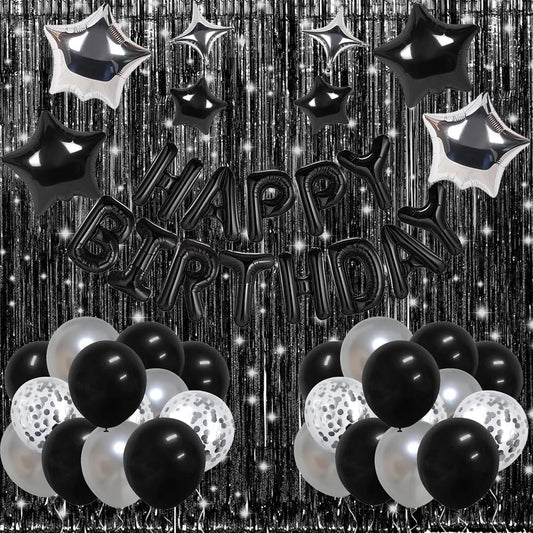 Black Birthday Party Decorations Kit – Banner, Fringe Curtains & Balloons