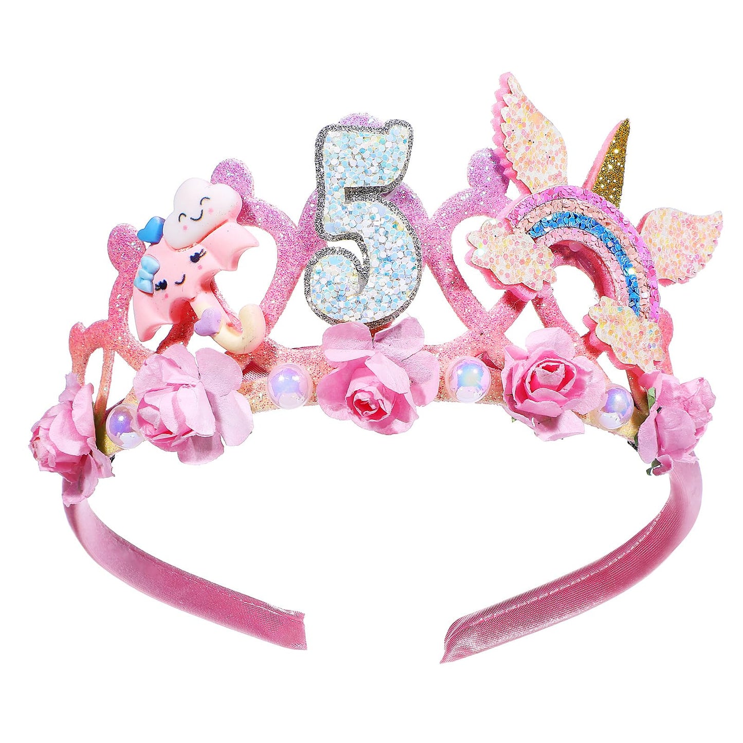 5th Birthday Flower Crown Headband – Glitter Pink