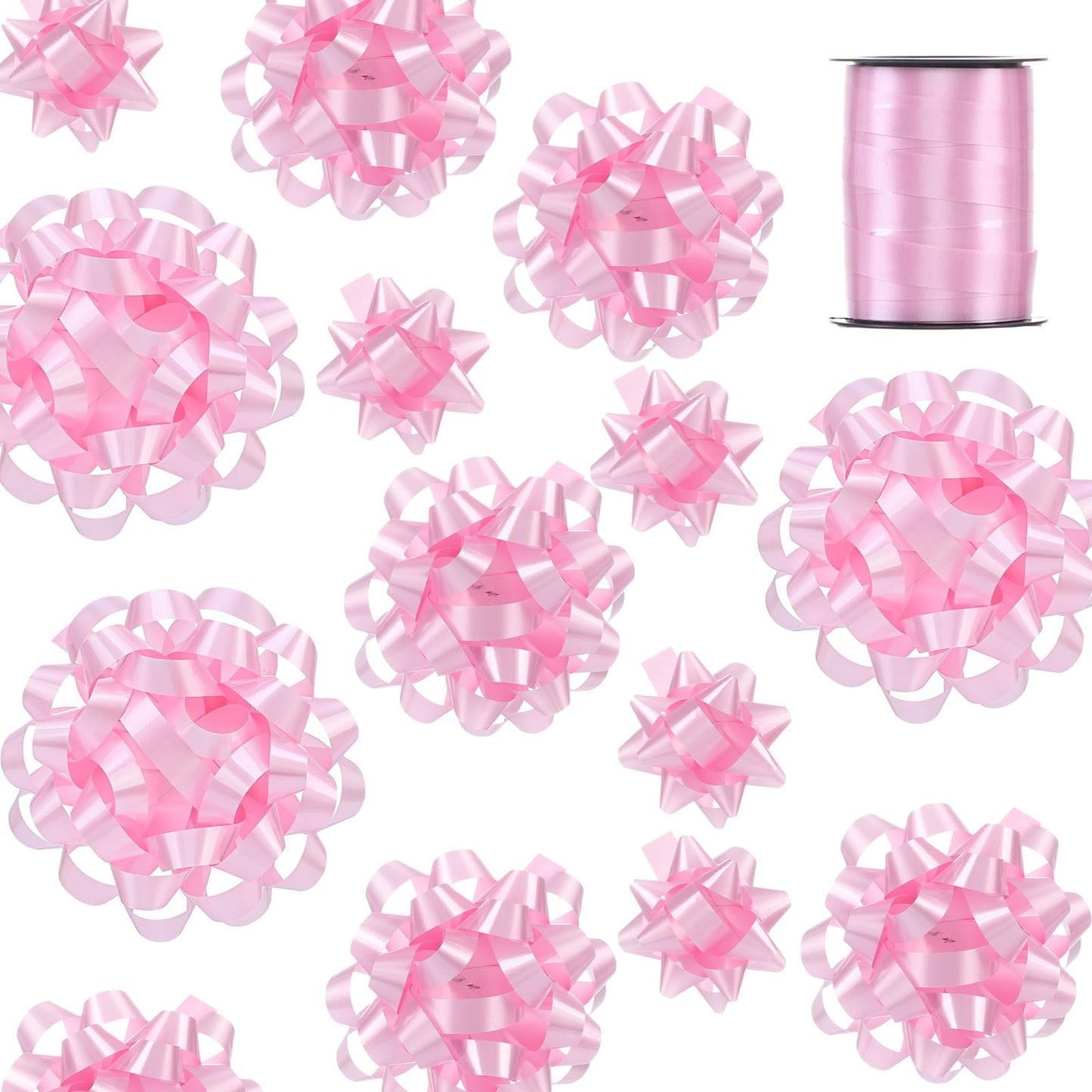 25 Pcs Gift Bows Assortment - 3 Size Gift Bowsand 1 Crimped Curling Ribbons Perfect for Christmas Holiday，Birthdays Weddings Baby/Bridal Showers Party (Pink)