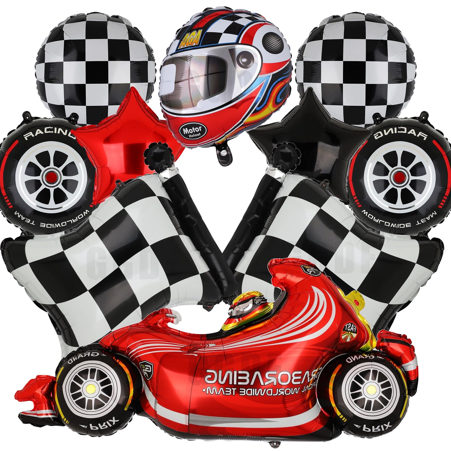 Race Car Tyre, Flag & Helmet Foil Balloon Kit – 10 Piece