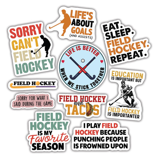 (10pcs) Field Hockey Stickers Funny Field Hockey Ball Hockey Decals Funny Gifts Multiple Different Design Waterproof UV- Resistant Suitable for Tumbler Laptop Car Truck