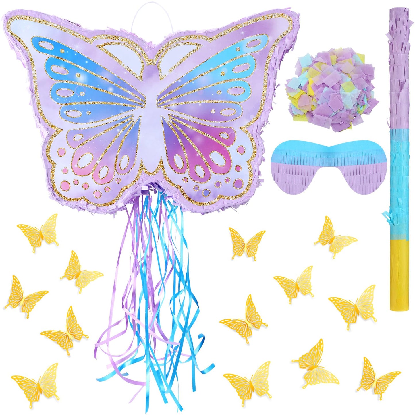 Elegant Butterfly Piñata with Wall Stickers, Blindfold & Confetti