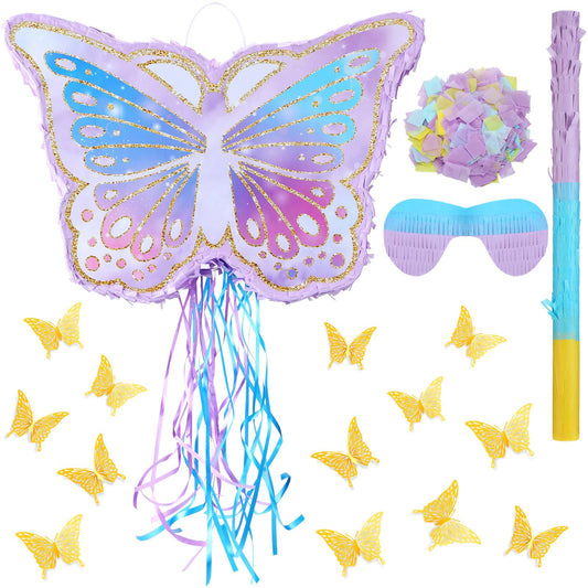 Elegant Butterfly Piñata with Wall Stickers, Blindfold & Confetti