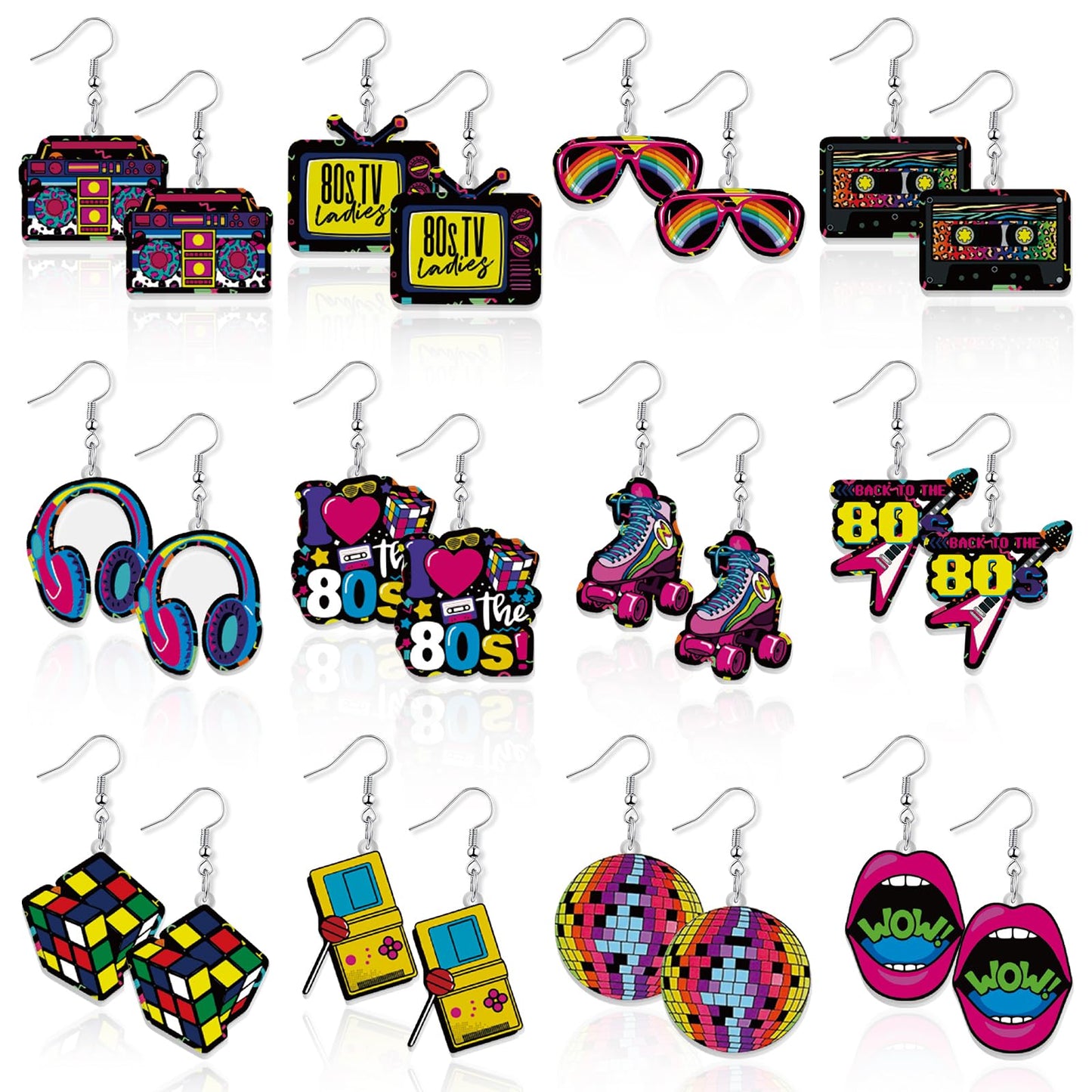 80s Retro Neon Acrylic Drop Dangle Earrings – 12 Pairs, 12 Designs